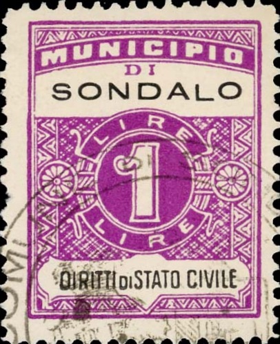 Marca da Bollo del Comune di SONDALO su Carta Bianca Sottile di dimensioni 22,5 x 29 mm