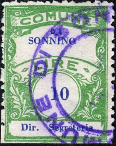 Marca da Bollo del Comune di SONNINO su Carta Bianca Sottile di dimensioni 22 x 29,5 mm