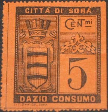 Marca da Bollo del Comune di SORA su Carta Colorata di dimensioni 25 x 28 mm