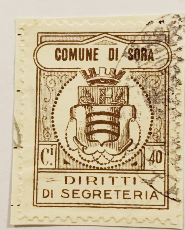 Marca da Bollo del Comune di SORA su Carta Colorata di dimensioni 23 x 29 mm