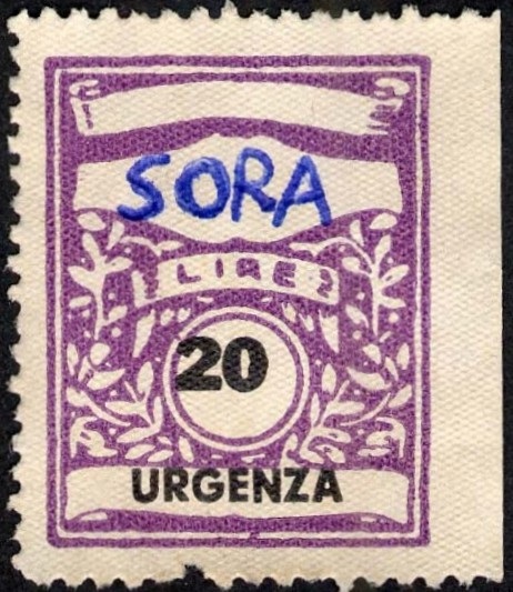 Marca da Bollo del Comune di SORA su Carta Bianca di dimensioni 22,5 x 29 mm