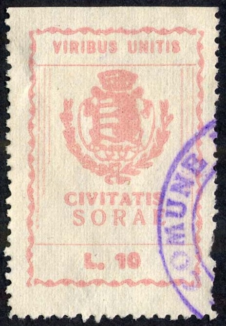 Marca da Bollo del Comune di SORA su Carta Bianca di dimensioni 20 x 30 mm