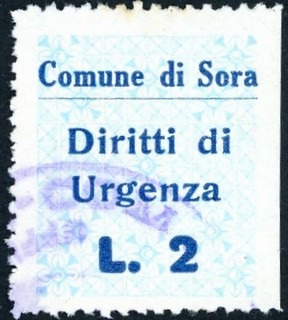 Marca da Bollo del Comune di SORA su Carta Bianca di dimensioni 22 x 27 mm