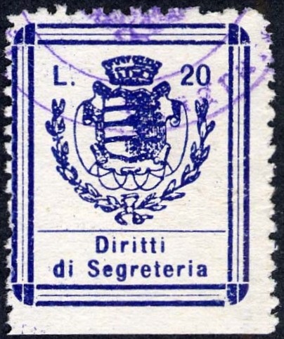 Marca da Bollo del Comune di SORA su Carta Bianca di dimensioni 20 x 27 mm