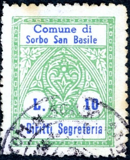 Marca da Bollo del Comune di SORBO SAN BASILE su Carta Bianca di dimensioni 22 x 28,5 mm
