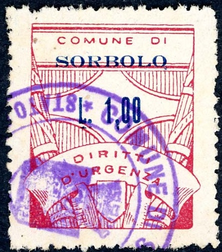 Marca da Bollo del Comune di SORBOLO su Carta Bianca di dimensioni 24 x 29 mm