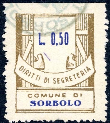 Marca da Bollo del Comune di SORBOLO su Carta Bianca di dimensioni 24 x 29 mm