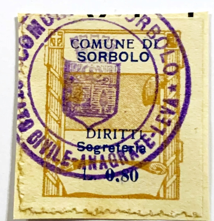 Marca da Bollo del Comune di SORBOLO su Carta Bianca di dimensioni 24 x 29 mm