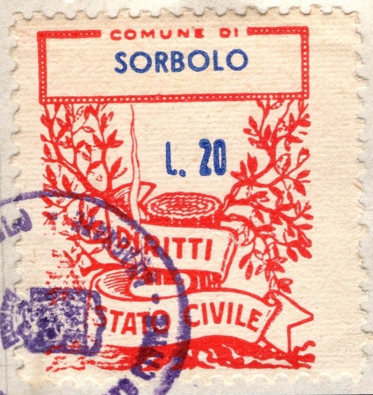 Marca da Bollo del Comune di SORBOLO su Carta Bianca di dimensioni 20,5 x 26,5 mm