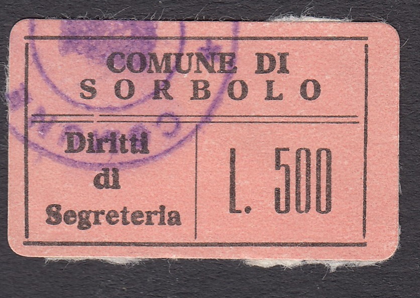 Marca da Bollo del Comune di SORBOLO su Carta Colorata di dimensioni 28,5 x 17 mm