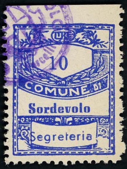 Marca da Bollo del Comune di SORDEVOLO su Carta Bianca di dimensioni 22 x 28 mm