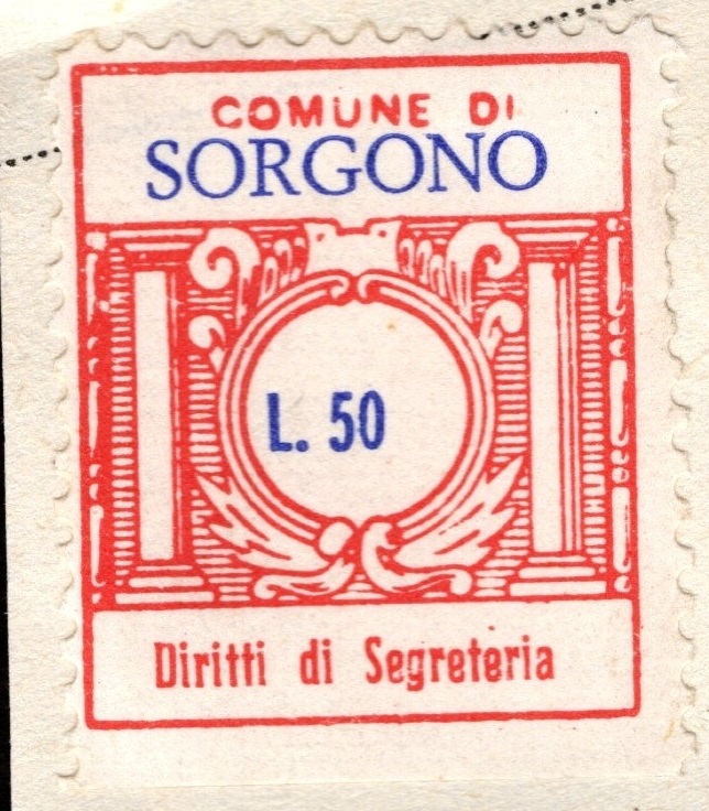 Marca da Bollo del Comune di SORGONO su Carta Bianca Sottile di dimensioni 24 x 27 mm