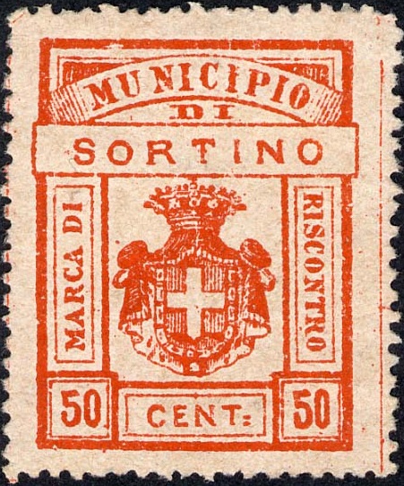 Marca da Bollo del Comune di SORTINO su Carta Bianca di dimensioni 25,5 x 32 mm