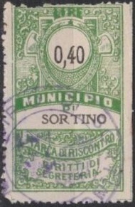 Marca da Bollo del Comune di SORTINO su Carta Bianca Sottile di dimensioni 26 x 43 mm