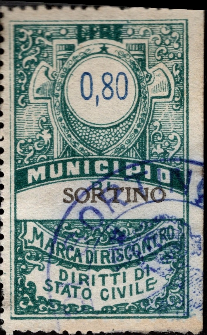 Marca da Bollo del Comune di SORTINO su Carta Bianca Sottile di dimensioni 26 x 43 mm