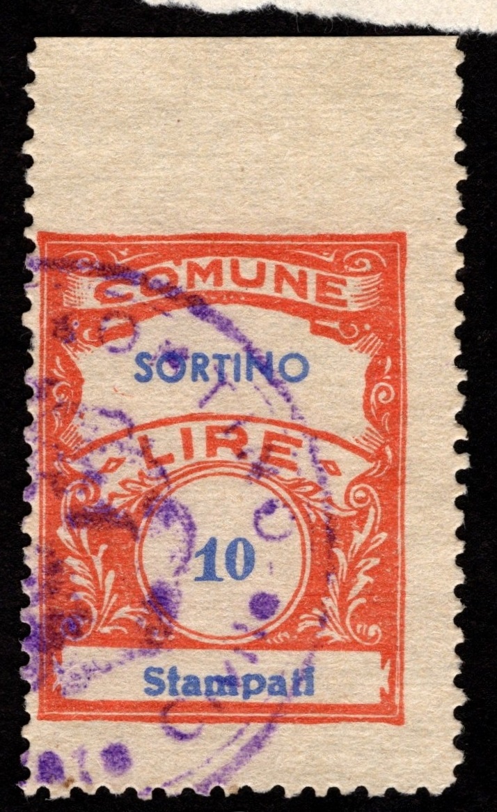 Marca da Bollo del Comune di SORTINO su Carta Bianca Sottile di dimensioni 22,5 x 29,5 mm
