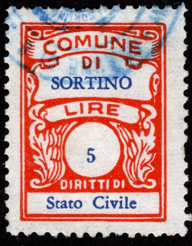 Marca da Bollo del Comune di SORTINO su Carta Bianca di dimensioni 20 x 27 mm