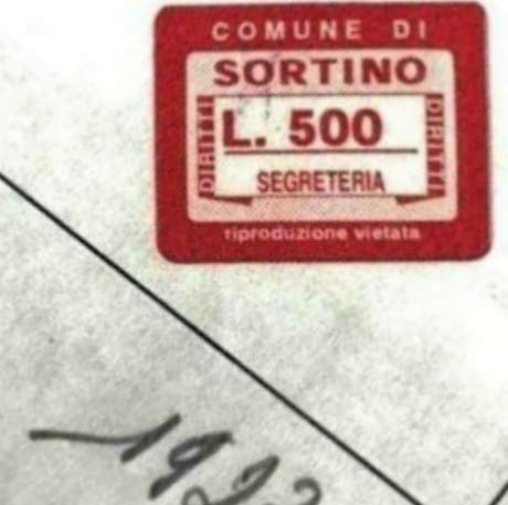 Marca da Bollo del Comune di SORTINO su Carta Bianca di dimensioni 20 x 14,5 mm