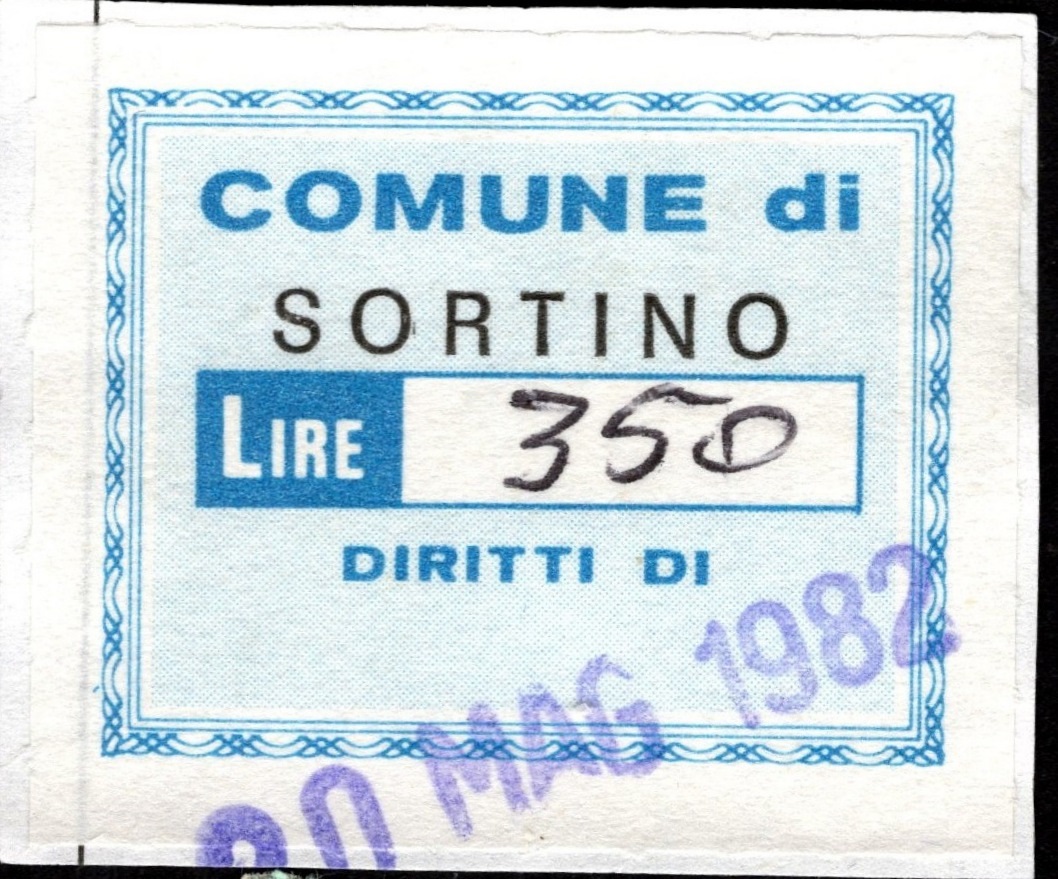 Marca da Bollo del Comune di SORTINO su Carta Bianca di dimensioni 22 x 15 mm