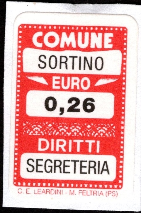 Marca da Bollo del Comune di SORTINO su Carta Bianca di dimensioni 15 x 24 mm