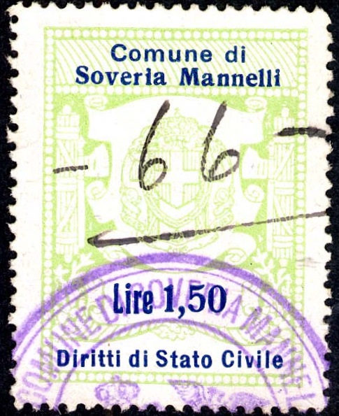 Marca da Bollo del Comune di SOVERIA MANNELLI su Carta Bianca Sottile di dimensioni 22 x 27 mm