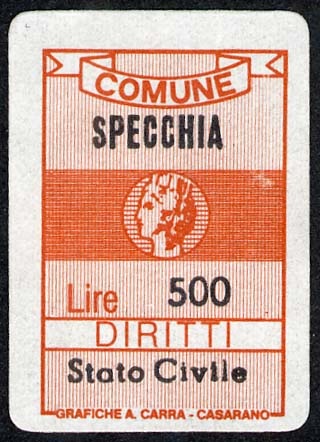 Marca da Bollo del Comune di SPECCHIA su Carta Bianca di dimensioni 17 x 26 mm