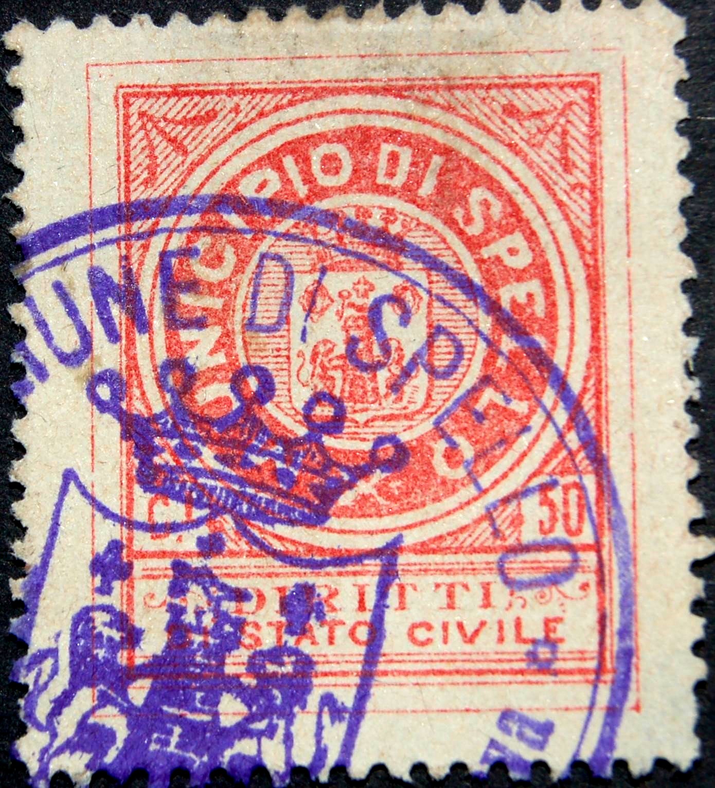 Marca da Bollo del Comune di SPELLO su Carta Bianca di dimensioni 24 x 29 mm