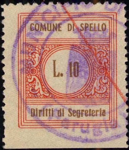 Marca da Bollo del Comune di SPELLO su Carta Bianca di dimensioni 22 x 25,5 mm