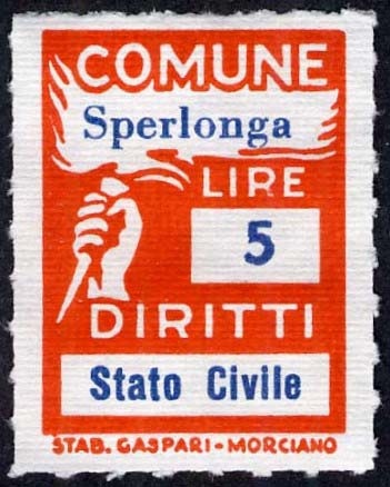 Marca da Bollo del Comune di SPERLONGA su Carta Bianca Sottile di dimensioni 18,5 x 26 mm