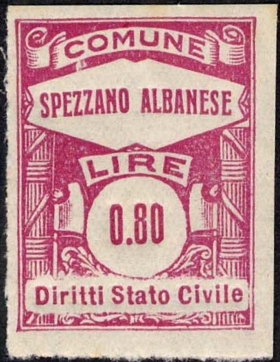 Marca da Bollo del Comune di SPEZZANO ALBANESE su Carta Bianca di dimensioni 23 x 28,5 mm