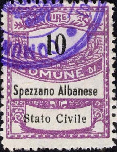 Marca da Bollo del Comune di SPEZZANO ALBANESE su Carta Bianca Sottile di dimensioni 21,5 x 28 mm