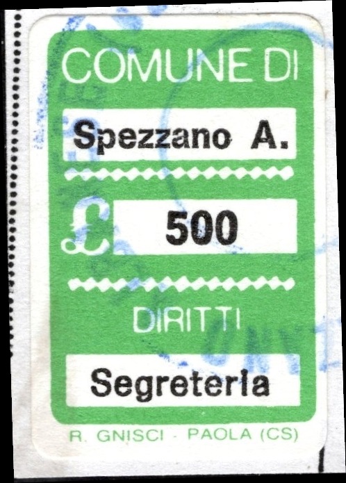Marca da Bollo del Comune di SPEZZANO ALBANESE su Carta Bianca di dimensioni 16x 22 mm