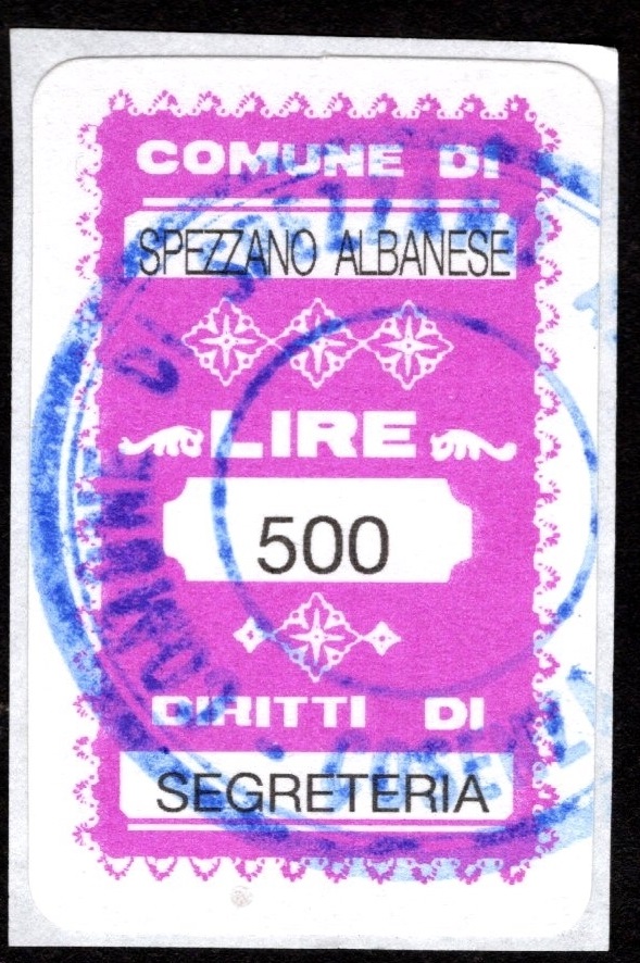 Marca da Bollo del Comune di SPEZZANO ALBANESE su Carta Bianca di dimensioni 16 x 22 mm
