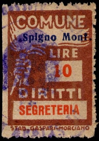 Marca da Bollo del Comune di SPIGNO MONFERRATO su Carta Bianca di dimensioni 18,5 x 26 mm