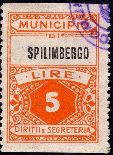 Marca da Bollo del Comune di SPILIMBERGO su Carta Bianca di dimensioni 22,5 x 32 mm