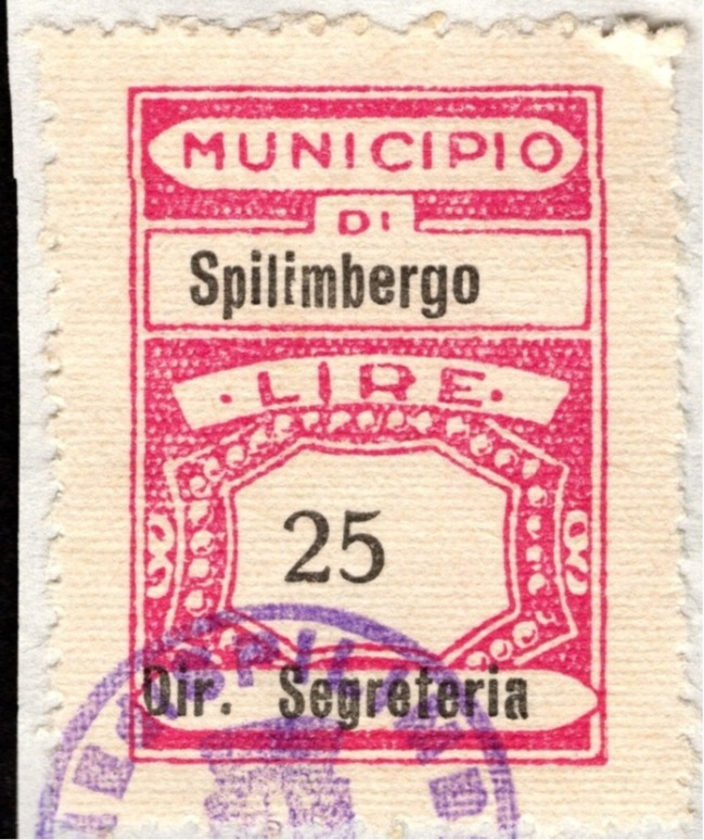 Marca da Bollo del Comune di SPILIMBERGO su Carta Bianca di dimensioni 22,5 x 32 mm