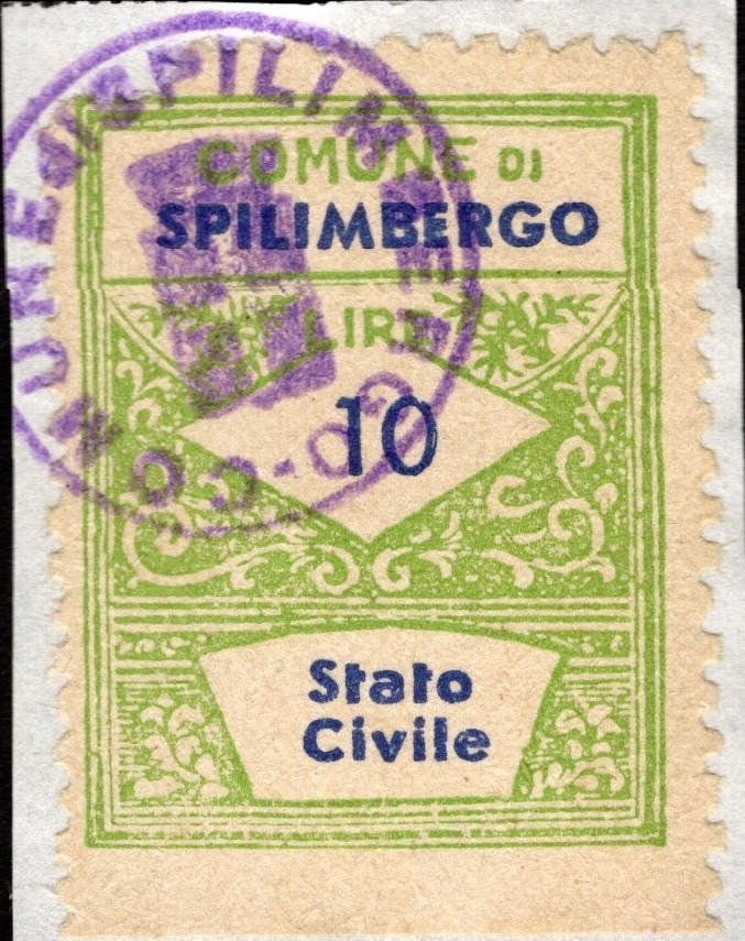Marca da Bollo del Comune di SPILIMBERGO su Carta Bianca di dimensioni 22,5 x 32 mm