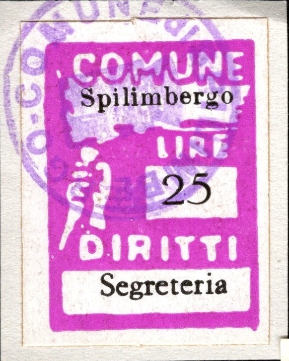 Marca da Bollo del Comune di SPILIMBERGO su Carta Bianca di dimensioni 15 x 23 mm