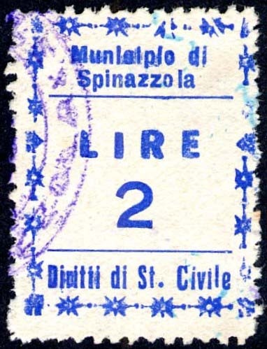 Marca da Bollo del Comune di SPINAZZOLA su Carta Bianca di dimensioni mm