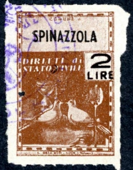 Marca da Bollo del Comune di SPINAZZOLA su Carta Bianca Sottile di dimensioni 21,5 x 31,5 mm