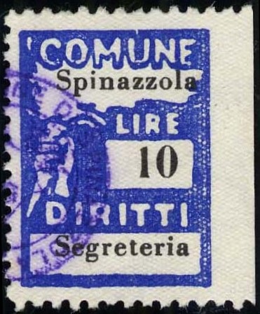 Marca da Bollo del Comune di SPINAZZOLA su Carta Bianca di dimensioni 18,5 x 25 mm