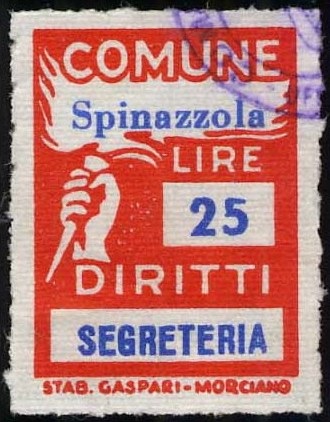 Marca da Bollo del Comune di SPINAZZOLA su Carta Bianca di dimensioni 18,5 x 25 mm