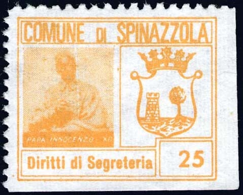Marca da Bollo del Comune di SPINAZZOLA su Carta Bianca di dimensioni 27,5 x 23 mm