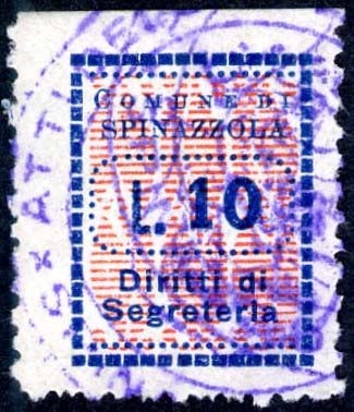 Marca da Bollo del Comune di SPINAZZOLA su Carta Bianca Sottile di dimensioni 15 x 20 mm