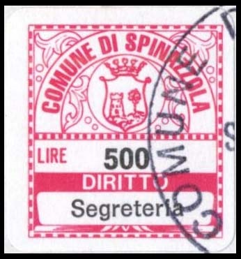 Marca da Bollo del Comune di SPINAZZOLA su Carta Bianca di dimensioni 19 x 20,5 mm