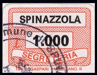 Marca da Bollo del Comune di SPINAZZOLA su Carta Bianca di dimensioni 19 x 14 mm