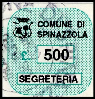 Marca da Bollo del Comune di SPINAZZOLA su Carta Bianca di dimensioni 20 x 20 mm