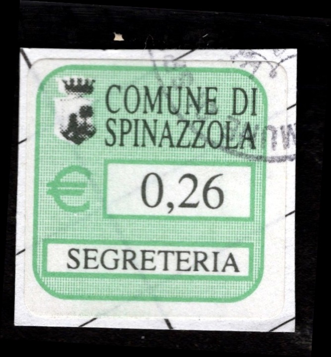 Marca da Bollo del Comune di SPINAZZOLA su Carta Bianca di dimensioni 20 x 20 mm