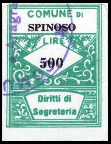 Marca da Bollo del Comune di SPINOSO su Carta Bianca di dimensioni 21,5 x 28 mm