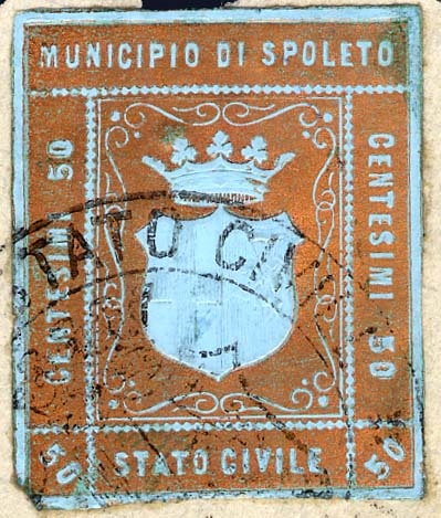 Marca da Bollo del Comune di SPOLETO su Carta Bianca di dimensioni 24,5 x 30 mm